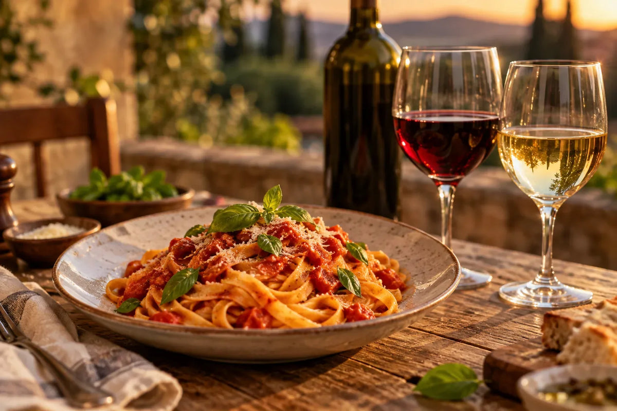 Tagliatelle met tomatensaus en een glas rode en witte wijn op tafel